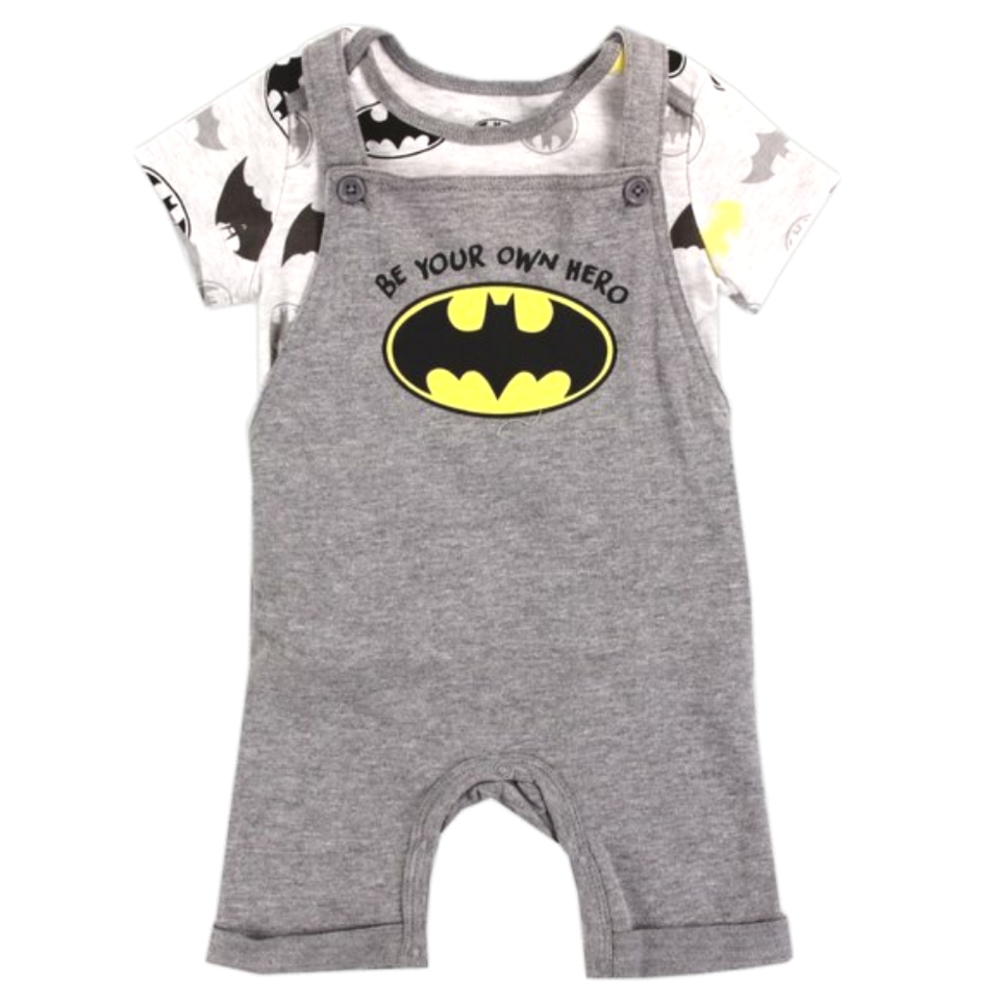DC Comics Batman Baby Overalls 2pc Shortall Romper Tee Black Grey 12M 18M 24M